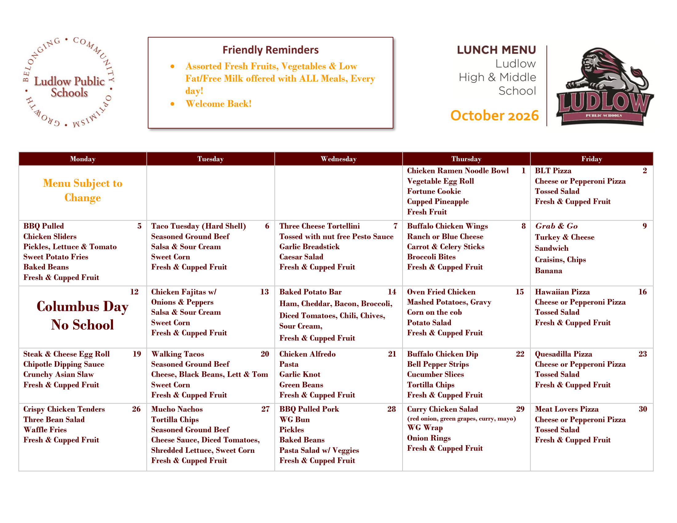 An October 2026 Lunch Menu